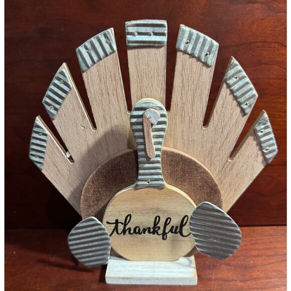 Ganz Galvanized Metal and Wood Free Standing Tabletop Thankful Turkey Decor - Picture 1 of 9